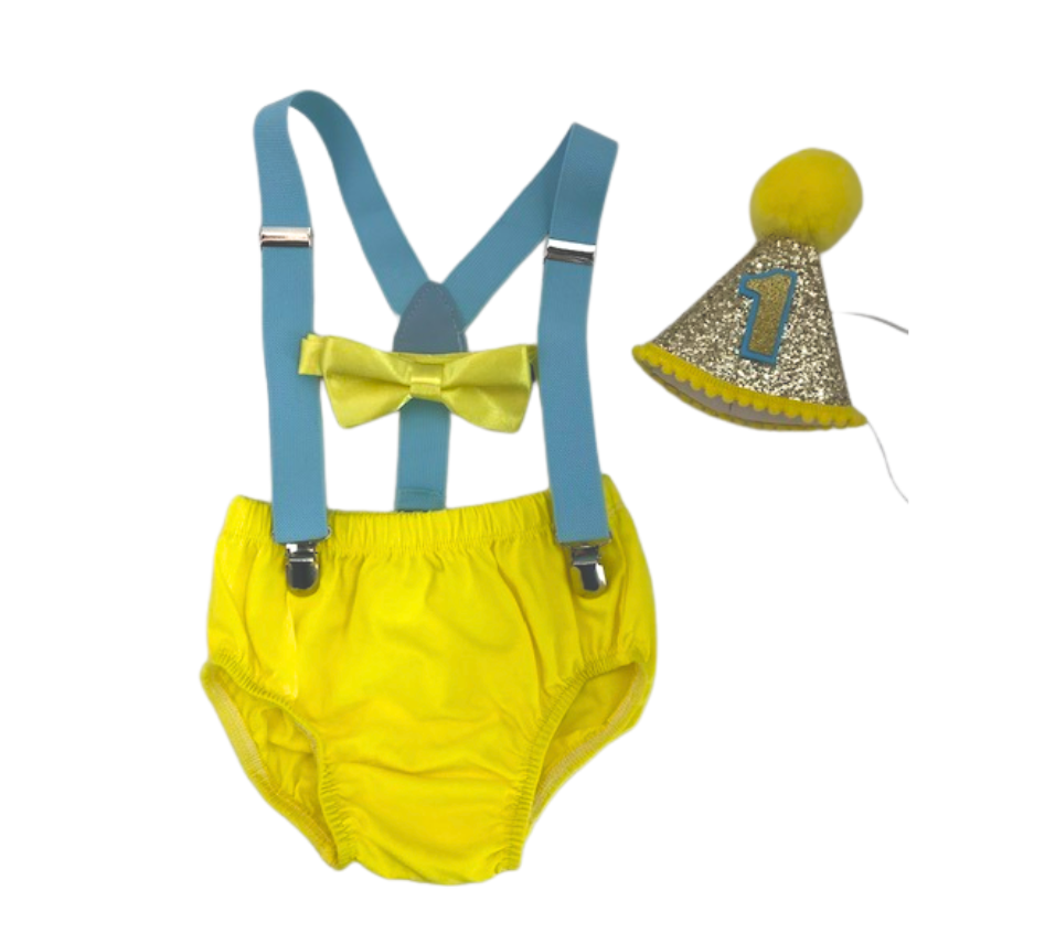 Bright yellow & Aqua Smash Cake Outfit - beecutebaby