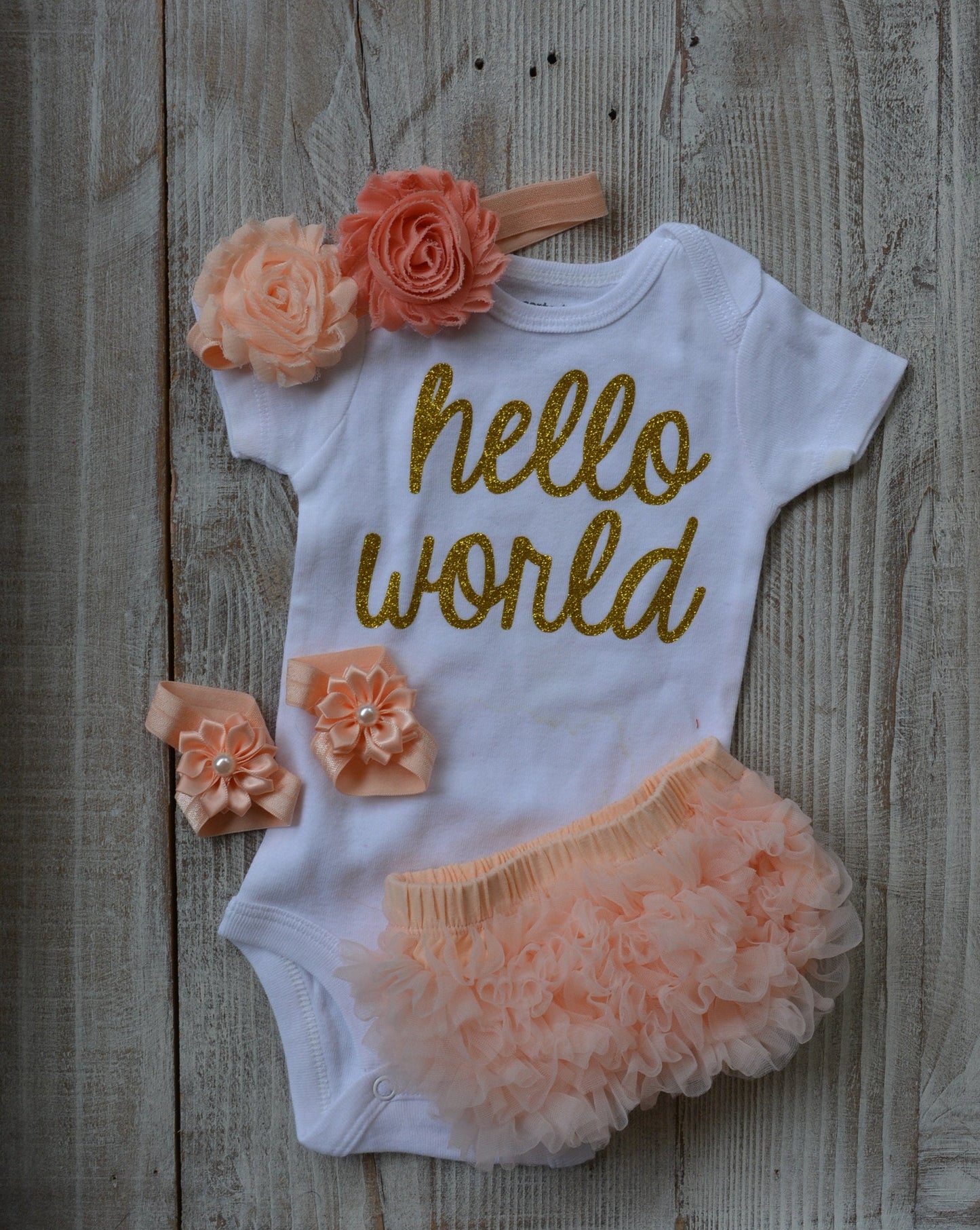 Peach Hello World Baby outfit - beecutebaby