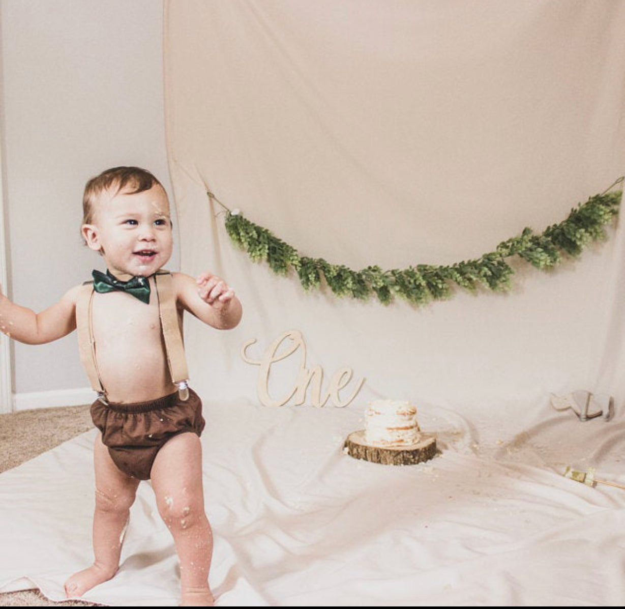 Baby Boy 1st First Birthday Cake Smash Outfit Jungle Safari brown diaper cover Suspenders - beecutebaby
