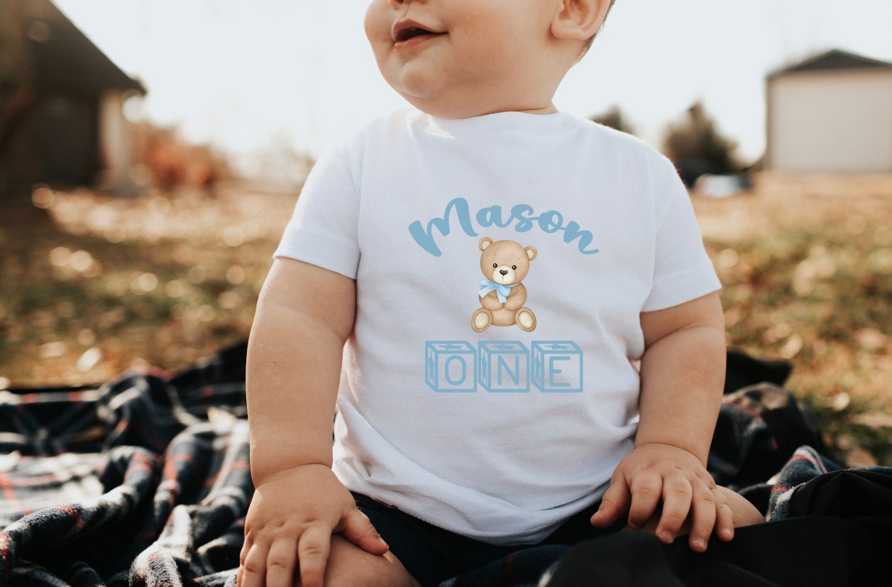 Teddy Bear One baby t-shirt,1st birthday, toddler birthday , white birthday t-shirt, teddy bear personalized , happy boy tee. - beecutebaby