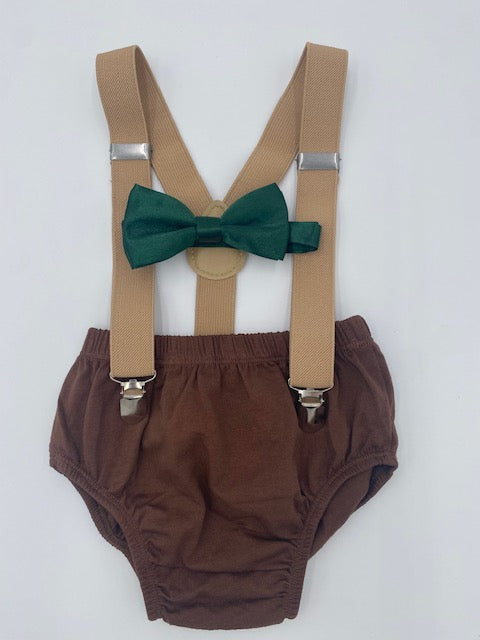 Baby Boy 1st First Birthday Cake Smash Outfit Jungle Safari brown diaper cover Suspenders - beecutebaby
