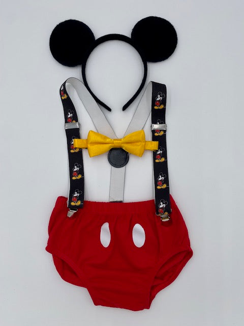 Mickey theme Cake Smash Outfit, Mickey Pattern Suspenders - beecutebaby
