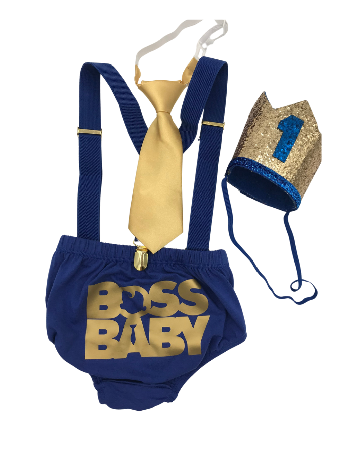 Boss Baby inspired Royal Blue and Gold Cake Smash Outfit - beecutebaby