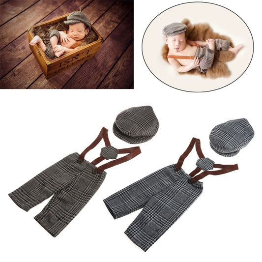 Baby Boys Little Gentleman Plaid Clothing Long Pants And Hat Set For Newborn Photography Props Photo Studio Costume Twin Outfit