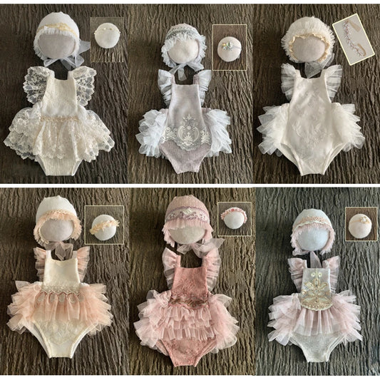 Baby Newborn Photography Props Girl Lace Princess Dress  Outfit Romper Photography Clothing Headband Hat Accessories