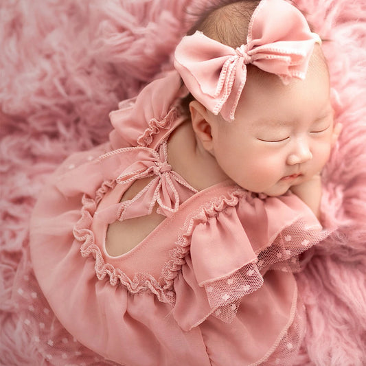 2 Pieces Set Dusty Pink Chiffon Newborn Romper with Bow Hairband