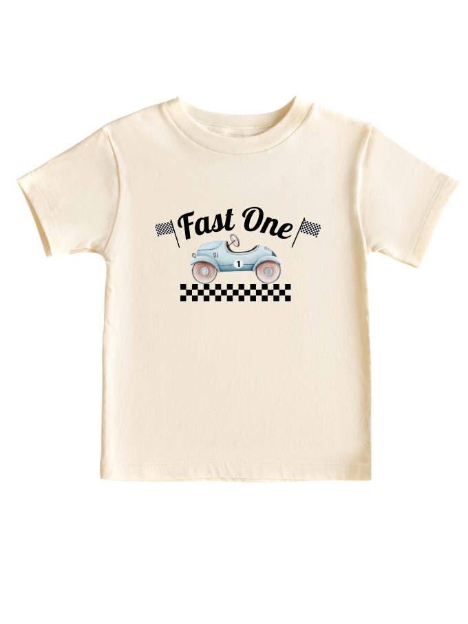 Vintage Racing car blue Fast One  toddler baby t-shirt.