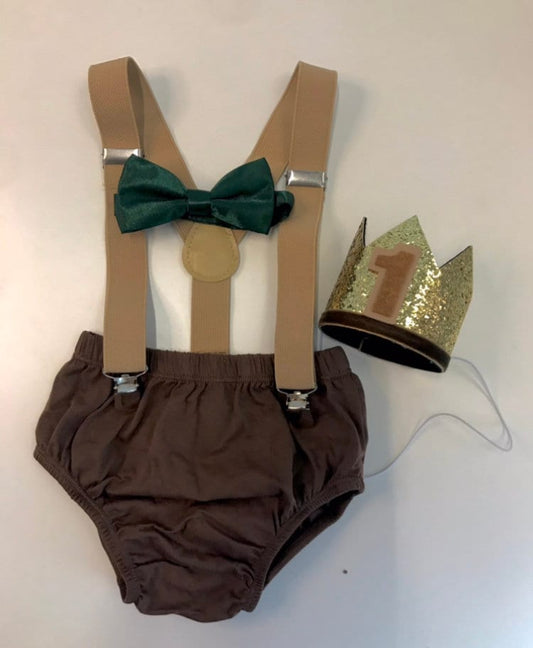 Wild One Smash Cake Outfit for Boy – Ready to Ship 4-Piece First Birthday Set with Diaper Cover, Suspenders & Crown– 1st Birthday Boy Outfit