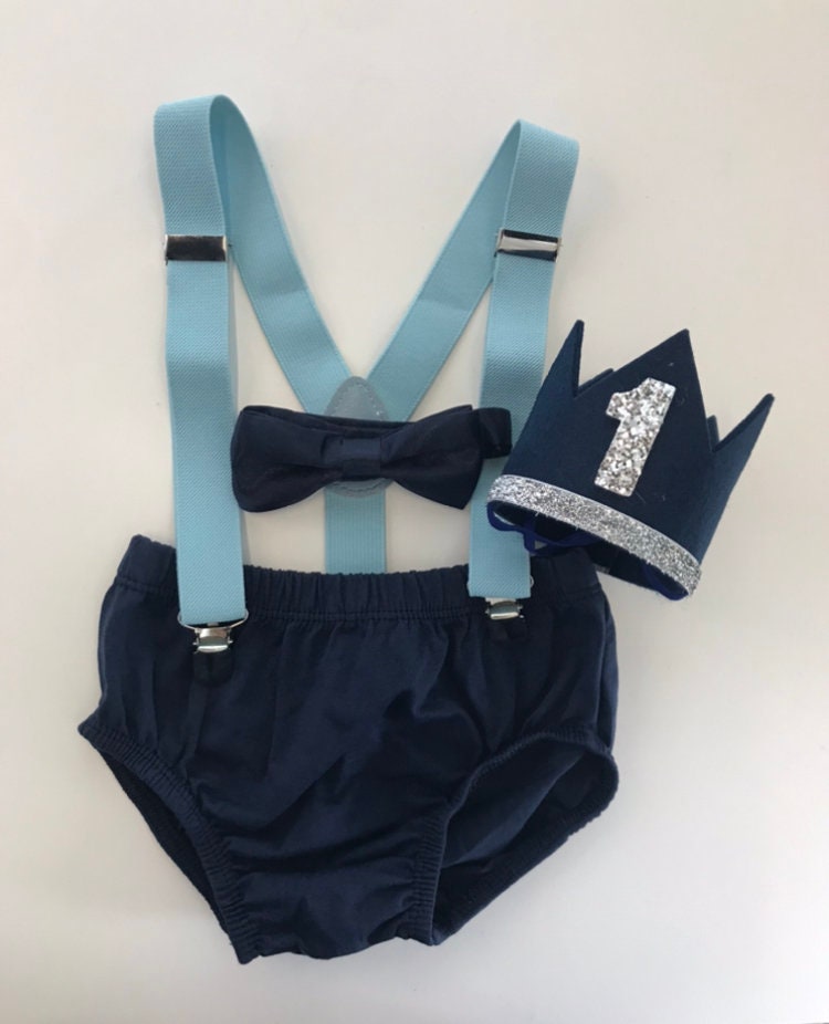 First Birthday Smash Cake Outfit - Navy Blue Diaper Cover, Aqua Suspender, Bowtie, and Birthday Crown - beecutebaby