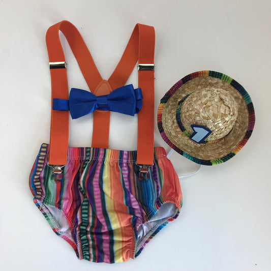 5 de Mayo First Birthday Smash Cake Outfit Boy Birthday Outfit 4 Piece Set Diaper Cover, Suspenders Party Hat