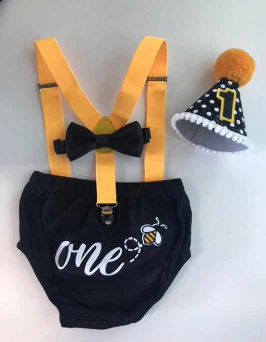 Bee One Birthday Baby Smash Cake Outfit Boy Birthday Outfit 4 Piece Set Diaper Cover, Suspenders Party Hat