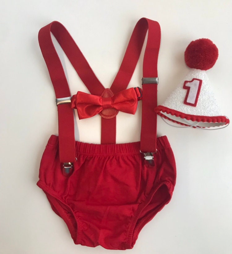 Valentines boy Smash Cake Outfit Boy Birthday Outfit 4 Piece Set Diaper Cover, Suspenders Party Hat - beecutebaby