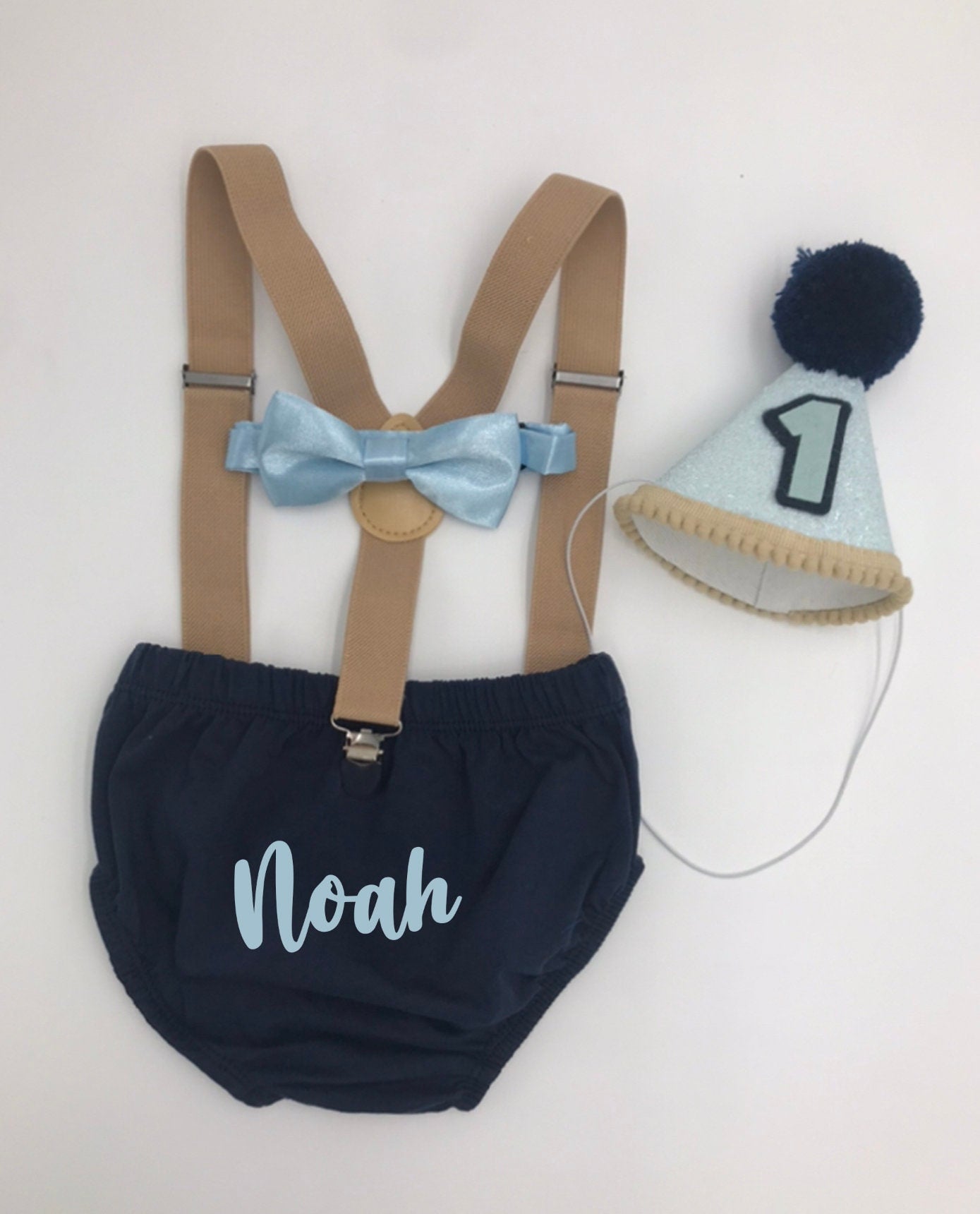 Personalized Smash Cake Outfit - Boy's First Birthday 4-Piece Set with Diaper Cover, Suspenders, and Party Hat