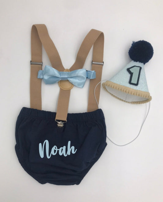 Personalized Smash Cake Outfit - Boy's First Birthday 4-Piece Set with Diaper Cover, Suspenders, and Party Hat - beecutebaby