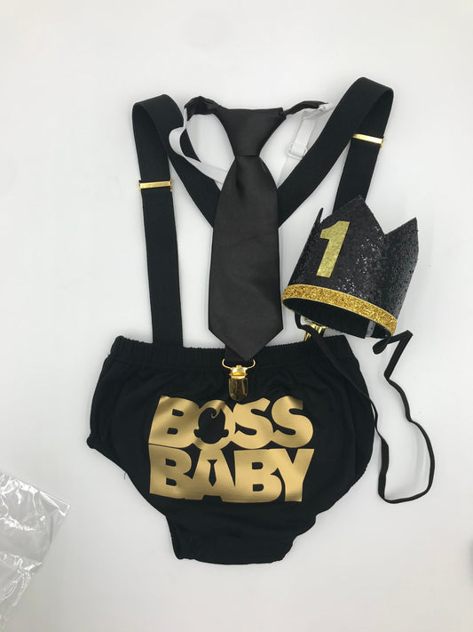 All Black Boss Baby Theme Smash the Cake Outfit Boy Birthday Outfit 4 Piece Set