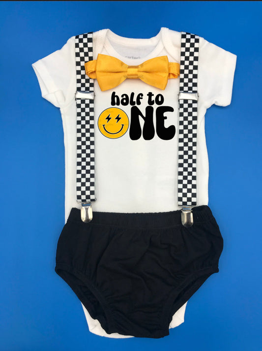 Half to One Theme Smash the Cake Outfit Boy Birthday Outfit 4 Piece Set, baby boy bodysuit happy dude