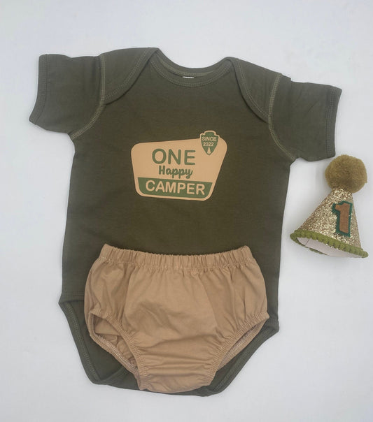 Happy Camper One Theme Set olive green bodysuit and tan diaper cover. - beecutebaby