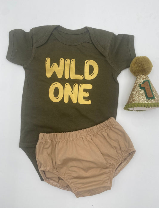 Wild One Theme Set olive green bodysuit and tan diaper cover and Birthday Hat - beecutebaby