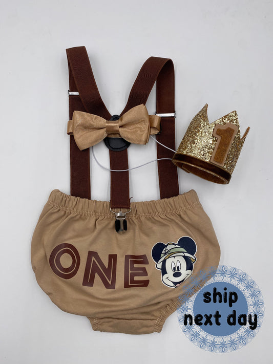 Wild one Miickey Mouse theme Smash Cake Outfit Boy Birthday Outfit 4 Piece Set Diaper Cover, Suspenders and Birthday crown - beecutebaby