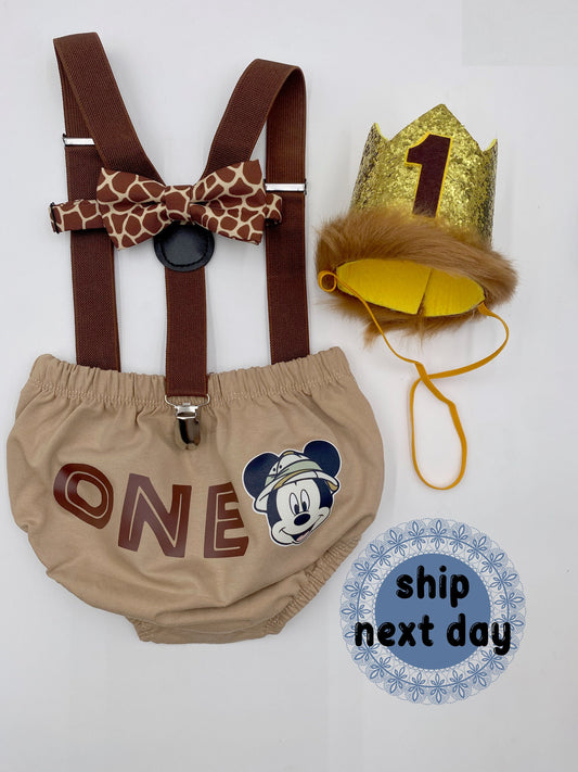 Wild one Mickey Mouse theme Smash Cake Outfit Boy Birthday Outfit 4 Piece Set Diaper Cover, Suspenders and Birthday crown