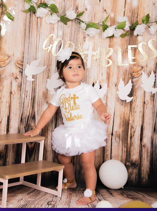 Baptism after party baby girls outfit, God bless personalized  glitter bodysuit white outfit baby girl baptism gift.white tutu headband