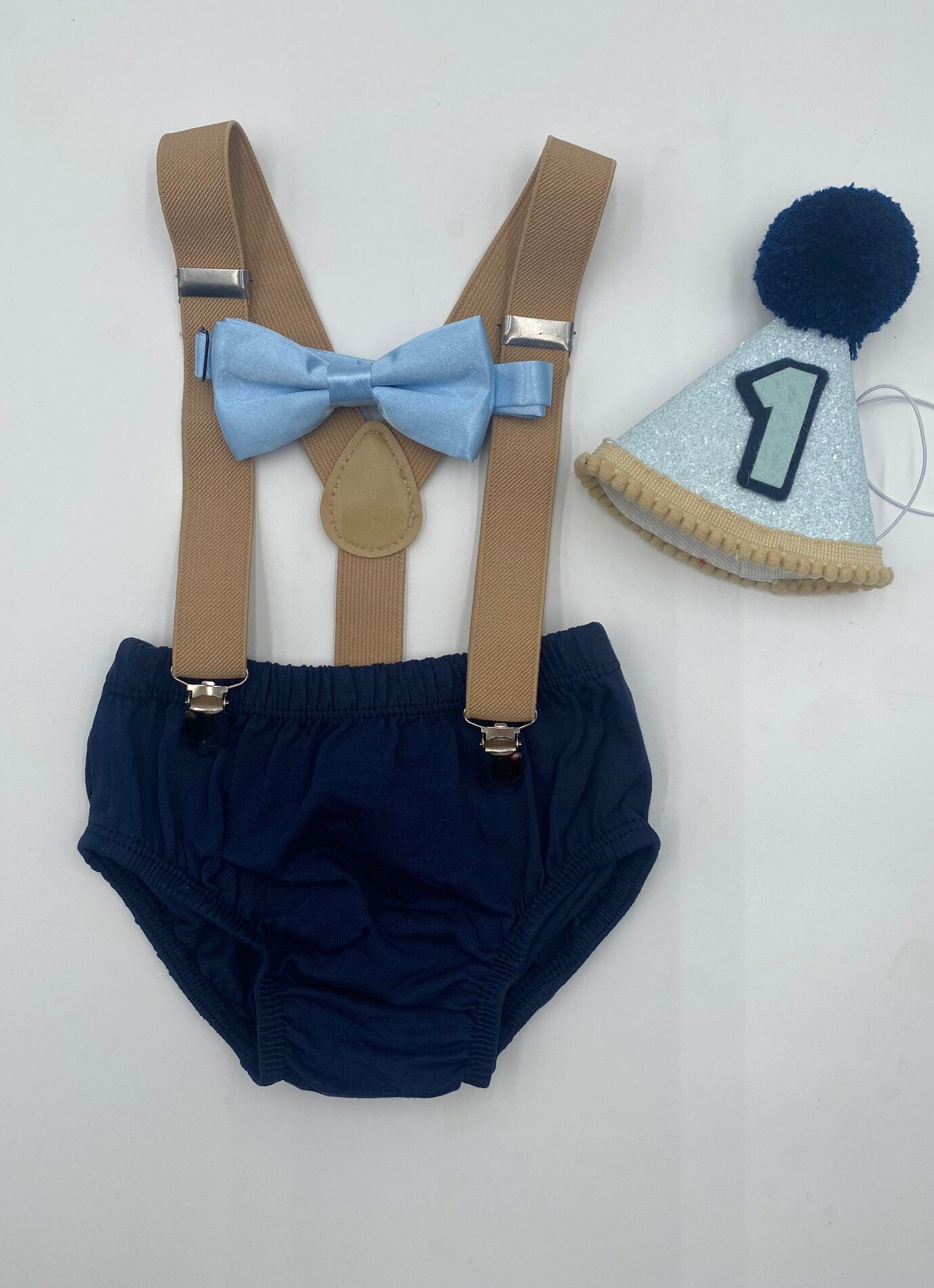 Navy Cake Smash Cake Boy Birthday Outfit 4 Piece Set Diaper Cover, Suspenders Party Hat, Birthday outfit photoshoot first birthday party - beecutebaby