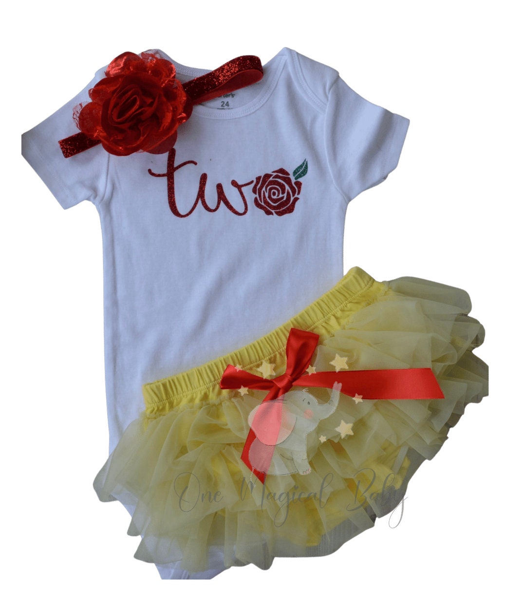 Princess Belle inspired Two year baby girls outfit, Red Flower glitter bodysuit baby first birthday photoshoot one year old - beecutebaby