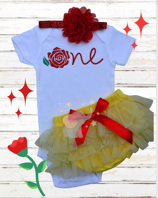 Princess Belle inspired One year baby girls outfit, Red Flower glitter bodysuit baby first birthday photoshoot one year old - beecutebaby