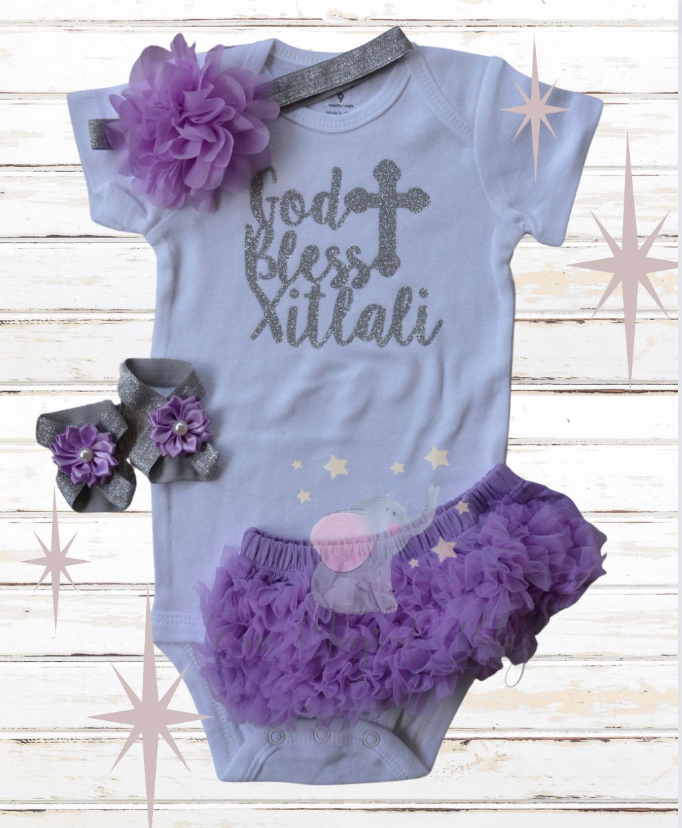 Personalized Lavender Baptism after party baby girl outfit, God bless personalized glitter bodysuit outfit baby girl baptism lavender.