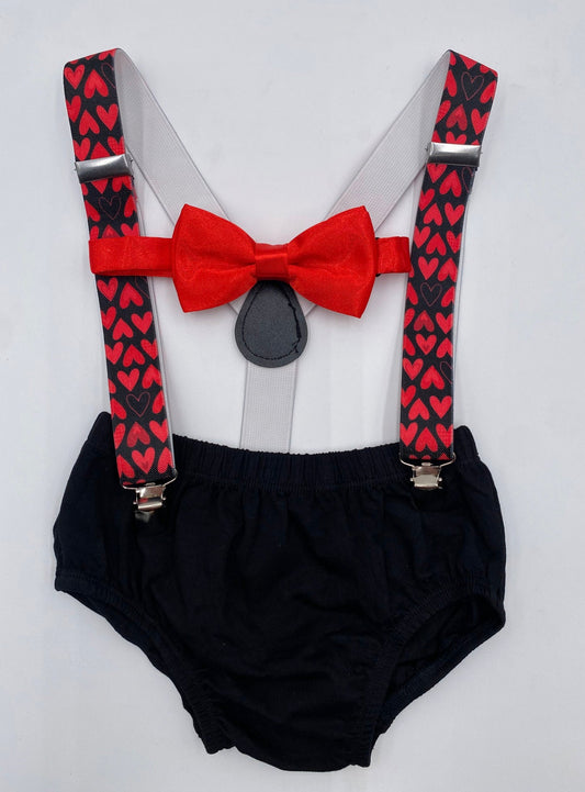 Baby boy Valentine Smash Cake Outfit Boy Birthday Photoshoot 3 Piece Set Diaper Cover, Suspenders