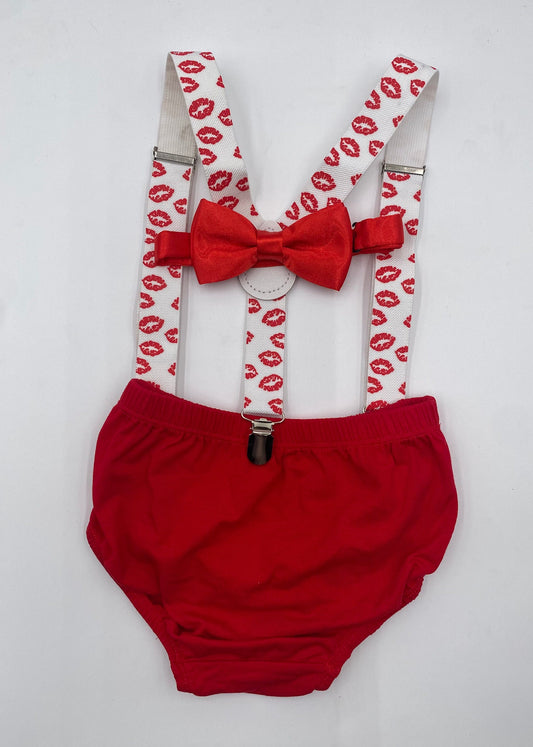 Baby boy Valentine Smash Cake Outfit Boy Birthday Photoshoot 3 Piece Set Diaper Cover, Suspenders and bowtie