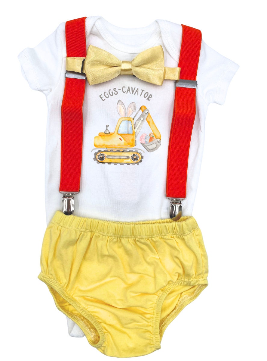 Eggs Cavator Baby Cake Smash Outfit Boy Birthday Outfit 4 Piece Set - beecutebaby