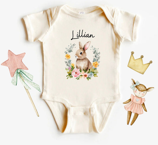 Personalized Spring Baby Girl Neutral Gerber Onesie, neutral Rainbow baby bodysuit, Neutral Rabbit , Personalized baby girl Onesie - beecutebaby