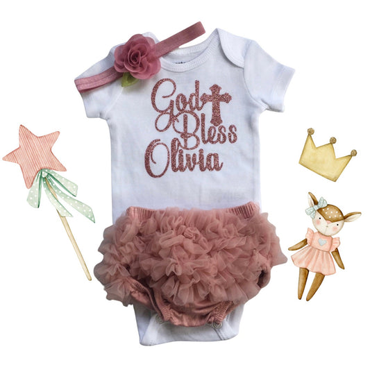 Personalized Mauve Baptism after party baby girls outfit, God bless personalized glitter bodysuit outfit baby girl baptism gift - beecutebaby