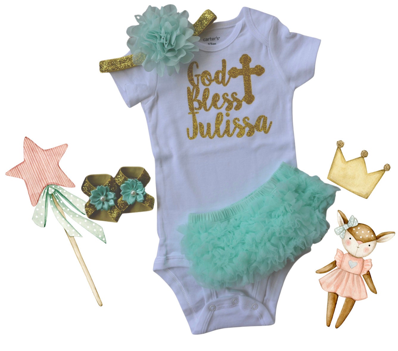 Personalized Mint Baptism after party baby girl outfit, God bless personalized glitter bodysuit outfit baby girl baptism gift headband - beecutebaby