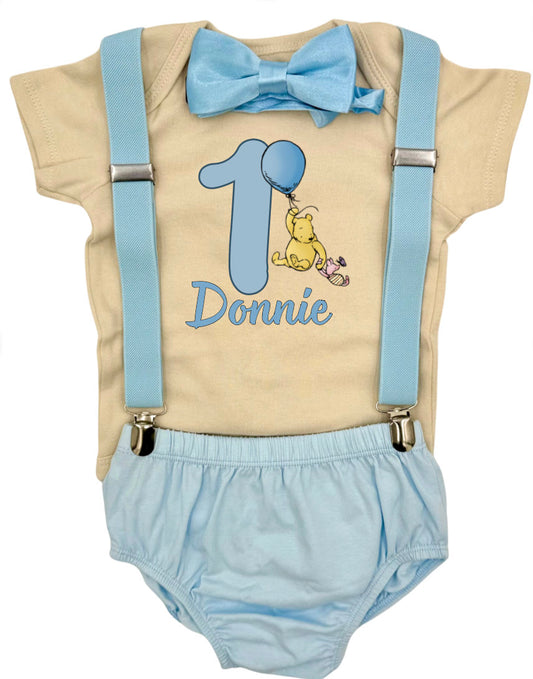 Vintage Winnie Pooh Theme Smash the Cake Outfit Boy Birthday Outfit 4 Piece Set - beecutebaby