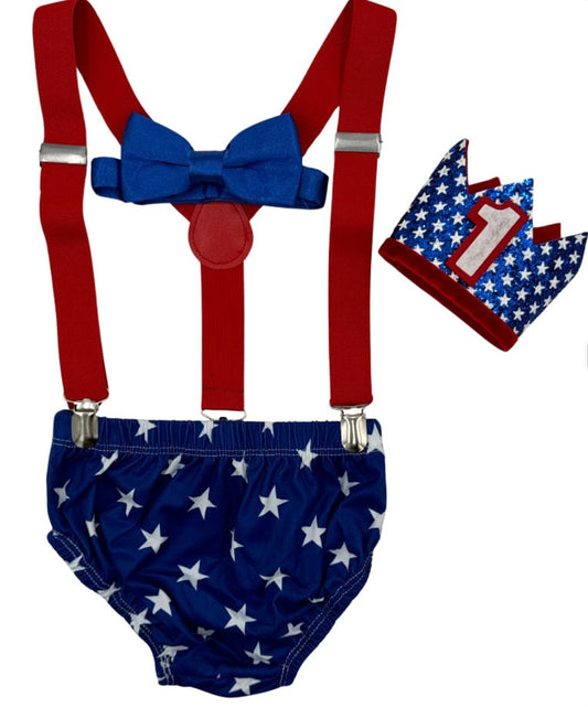 4th of July Smash Cake Outfit Boy Birthday Outfit 4 Piece Set Diaper Cover, Suspenders Birthday crown