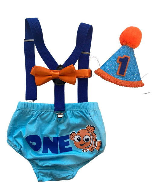 Nemo Theme Smash the Cake Outfit Boy Birthday Outfit 3 Piece Set - beecutebaby