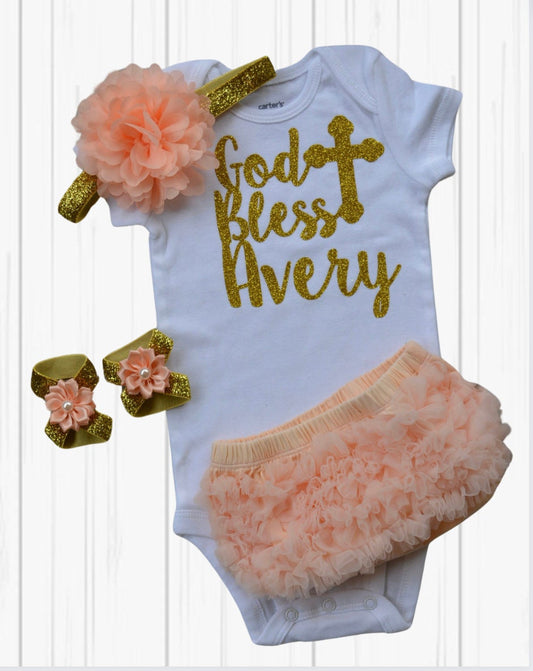 Personalized Peach Baptism after party baby girl outfit, God bless personalized glitter bodysuit outfit baby girl baptism gift headband - beecutebaby