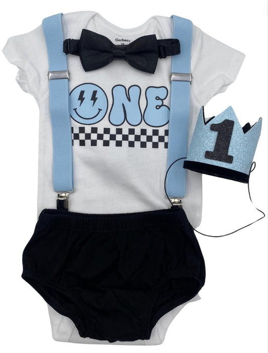 One Happy Dude, light blue Theme Smash the Cake Outfit Boy Birthday Outfit 5 Pcs