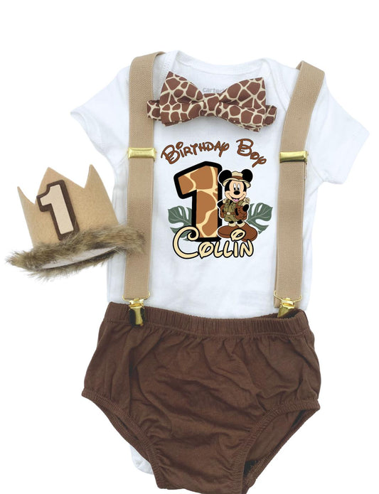 Wild One Safari Mickey Cake Smash Birthday outfit the Boy Birthday Outfit 5 Piece Set, diaper cover, bodysuit, suspenders, bowtie, crown.