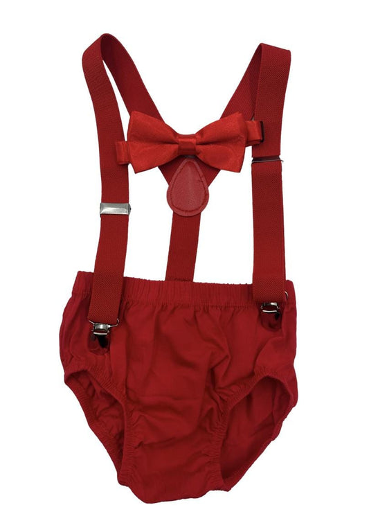 3 Pcs Cake Smash red for Boys, Boy Birthday Outfit,red diaper cover , red suspenders, red adjustable bowtie.