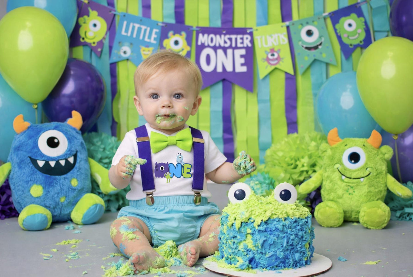 Monster Cake Smash Outfit for Baby Boy | First Birthday Monster Theme Set | Suspenders & Bow Tie Birthday Outfit | 1st Birthday Photo Outfit by Bee Cute Baby