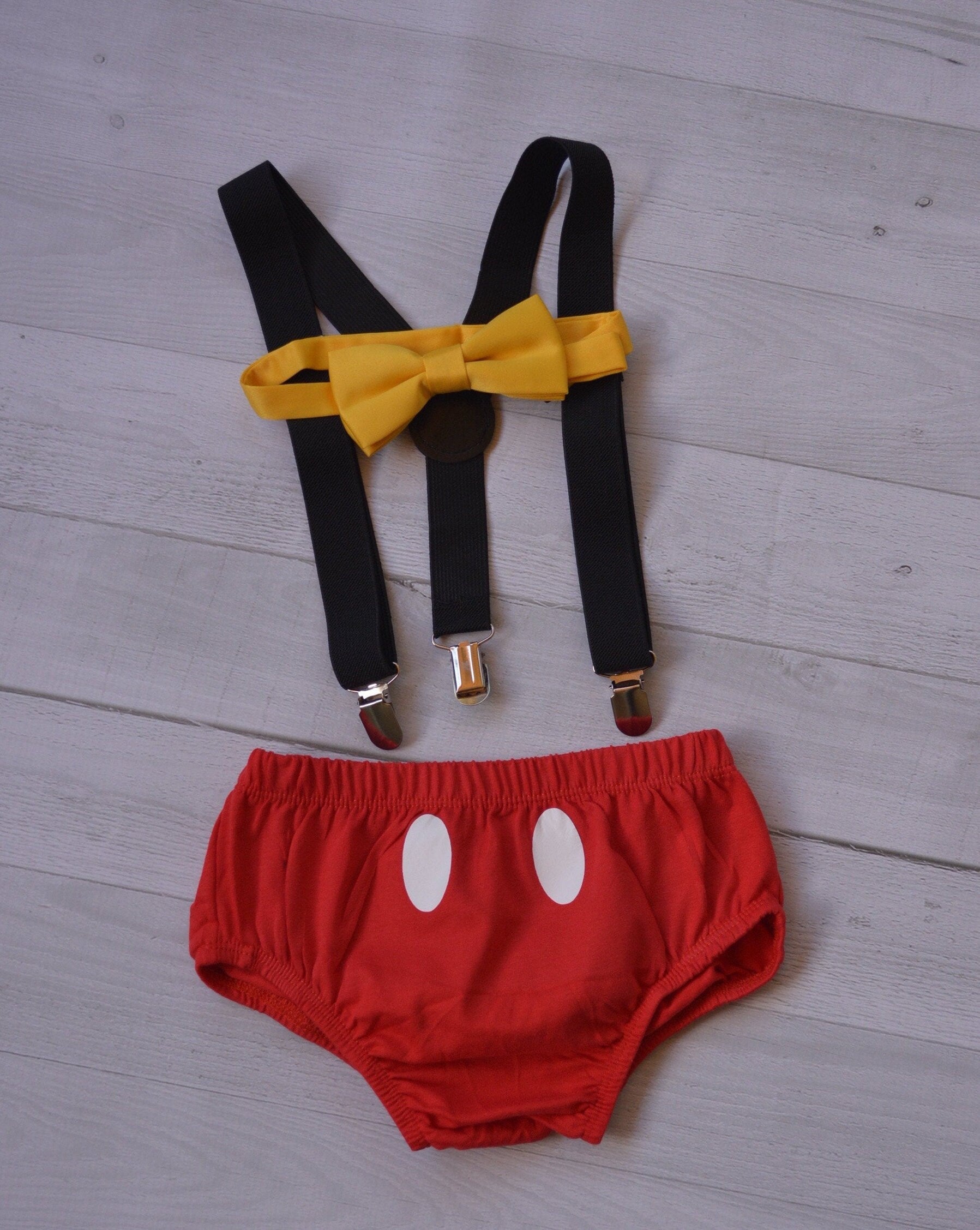 Mickey Mouse inspired Smash Cake diaper cover Boy First Birthday , bow tie yellow Diaper Cover Suspenders 1st Birthday Photoshoot - beecutebaby