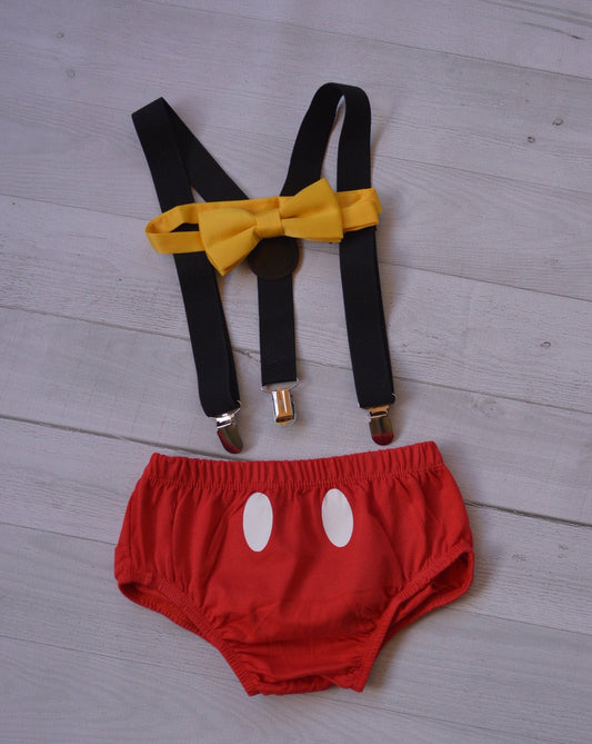 Mickey Mouse inspired Smash Cake diaper cover Boy First Birthday , bow tie yellow Diaper Cover Suspenders 1st Birthday Photoshoot - beecutebaby